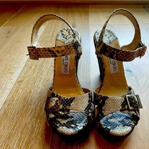 Jimmy Choo Sandals , Tan and Black Snakeskin, Size 9, 4” Heel